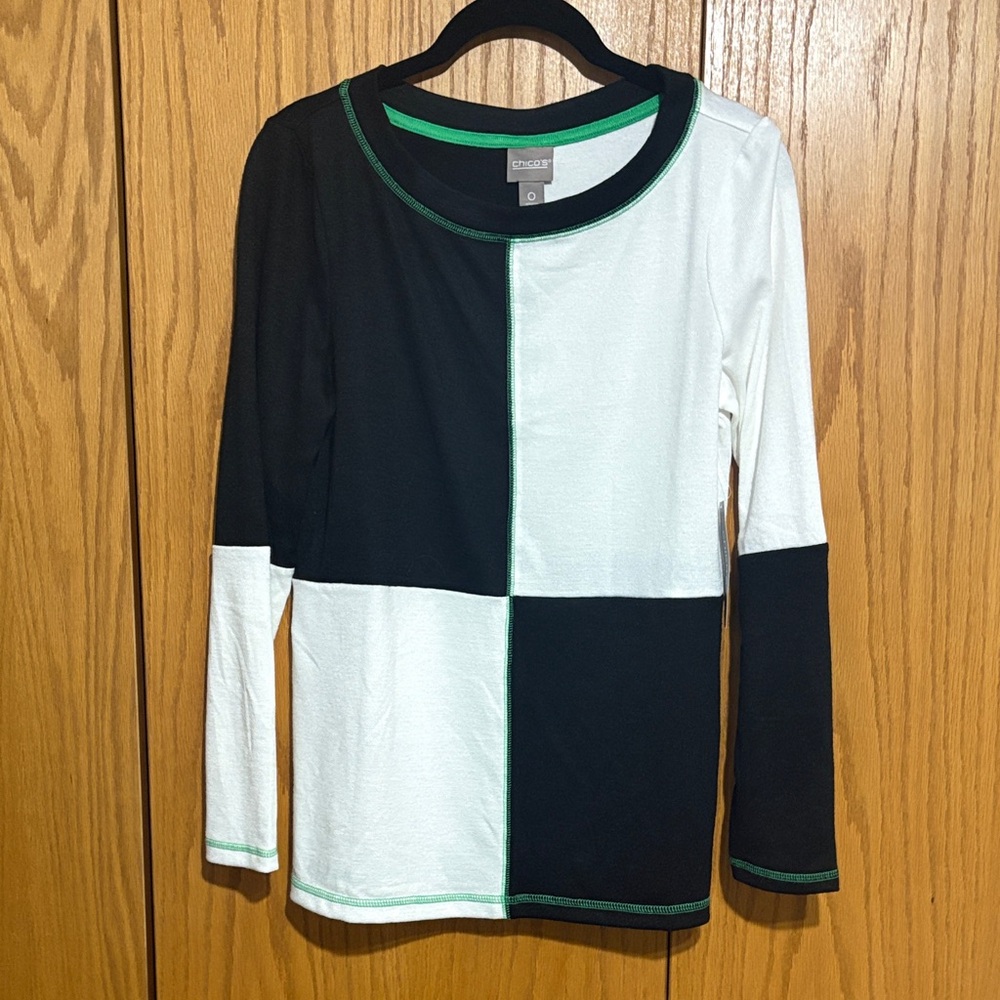 Chico's NWT size 0 colorblock boat neck long‎ sleeve tee fashion knit checker